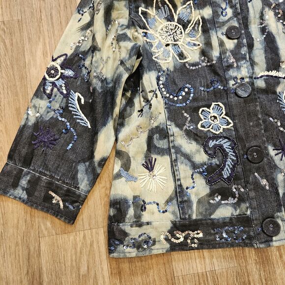 Vtg Chicos Denim Jacket Womens 1/M Embroidered Floral Tie Dye Hippie Artsy Boho - Picture 4 of 8